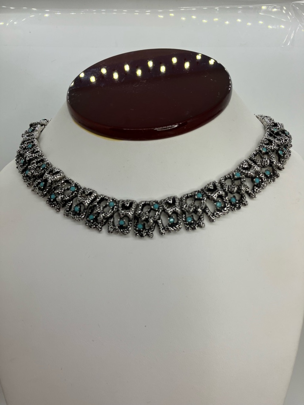 Vtg D’orlan Brutalist Abstract Modernist Blue Stone Silver Tone Collar Necklace - Picture 2 of 15